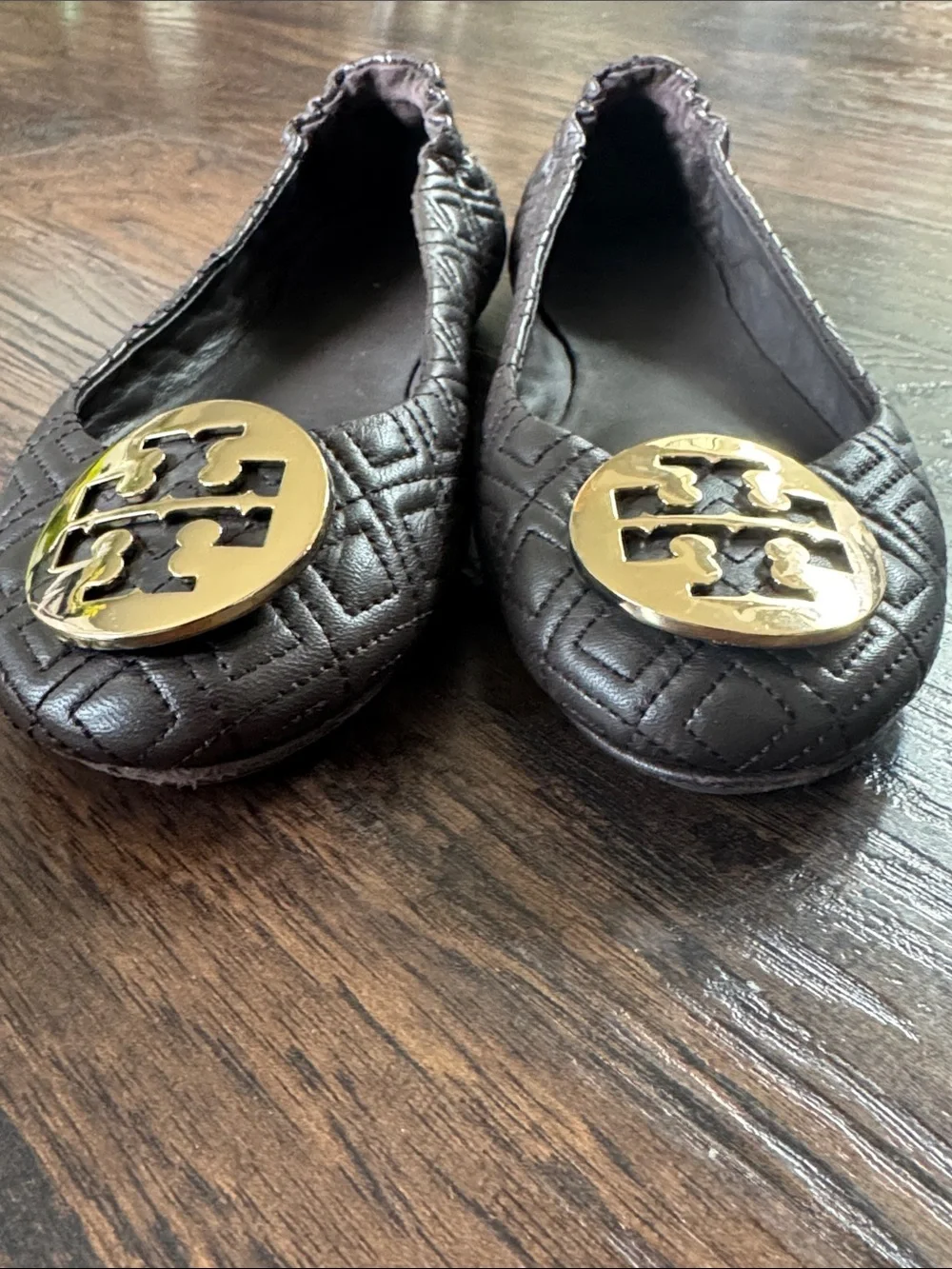 Tory Burch Quilted Dark Brown Leather Ballet Flats with Gold Logo